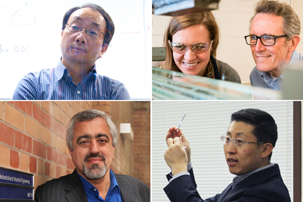 Clockwise from top left: Professors Zheng-Hong Lu, Jeffrey Packer (at right), Yu Sun and Kamran Behdinan are have been elected fellows of the American Association for the Advancement of Science (AAAS). Fellows are recognized for meritorious efforts to advance science or its applications. (Credits, clockwise from top left: Mark Balson, Neil Ta, Liz Do, Ray Cheah)