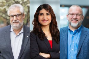 From left to right: Professors Michael Sefton (BME, ChemE), Azadeh Yadollahi (BME) and Craig Simmons (MIE, BME) (Photos: Neil Ta, Submitted)