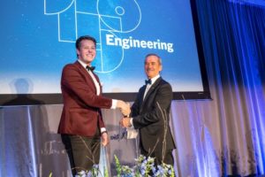Engineering Society president Aidan Grenville (Year 4 EngSci, left) thanks Col. Chris Hadfield (right) for an inspiring keynote talk at a gala event celebrating the 150th anniversary of U of T Engineering, held April 1, 2023. (Photo: Lisa Sakulensky Photography)